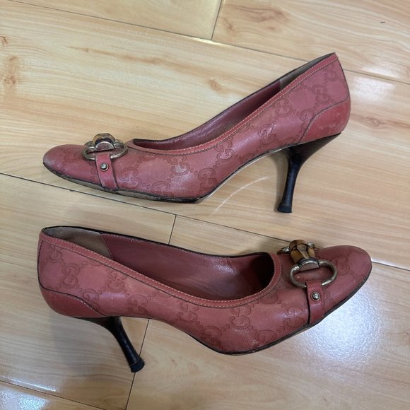 GUCCI Pump Leather HORSEBIT BAMBOO Gold HW Round Toe Sz 6.5 Pink Rose - Picture 2 of 10